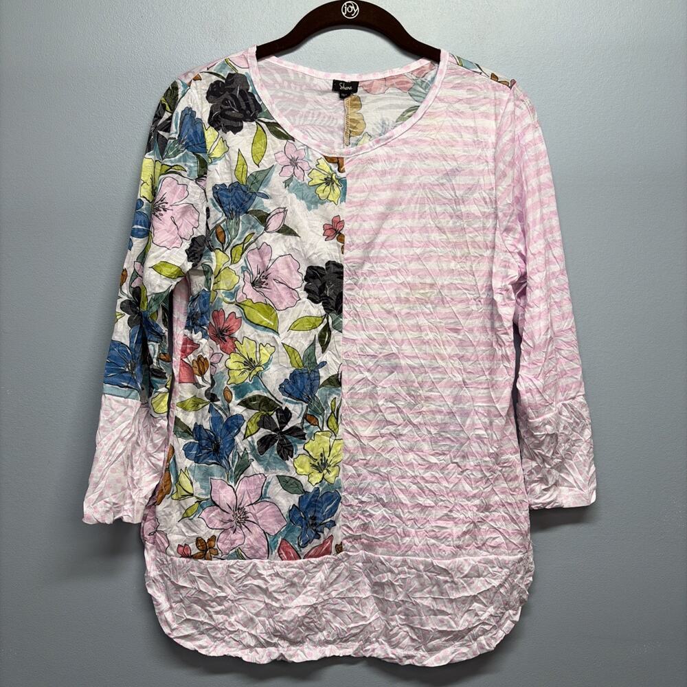 Shana Wearable Art Tunic Top Pink Striped Floral Polka Dot Mixed Media - Sz XS